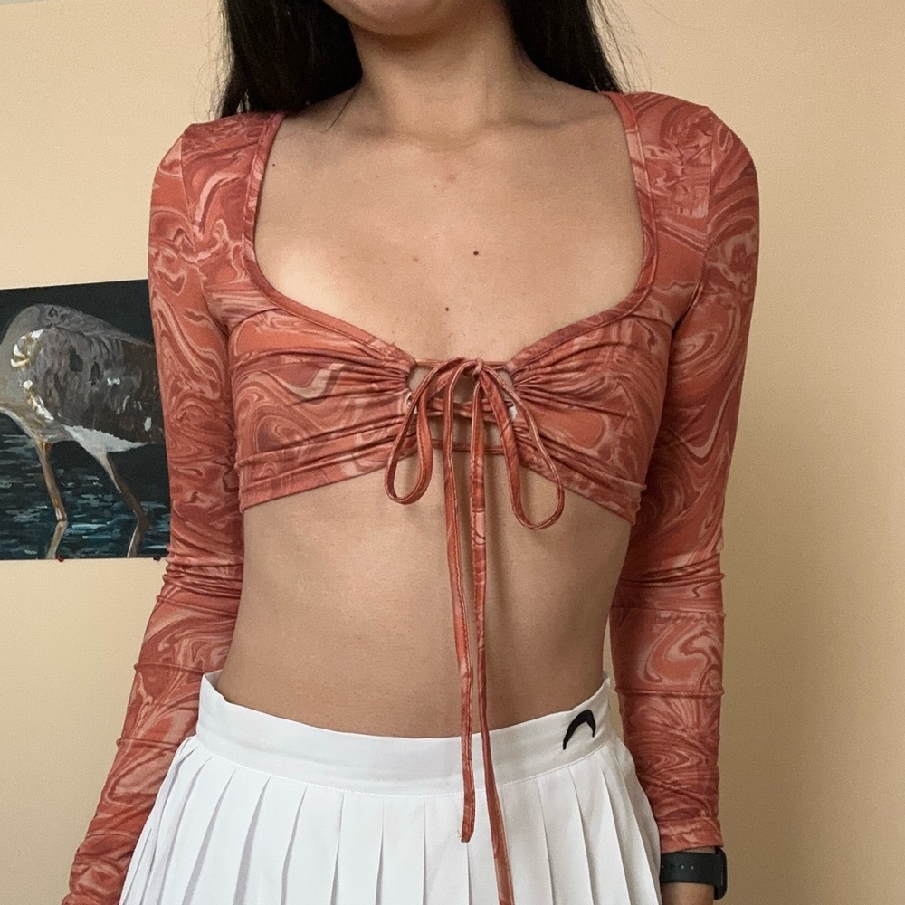 Orange Long Sleeve Tie Crop Top